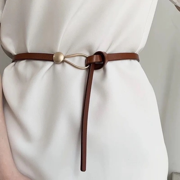 2/$30 Minimalist Brown Faux Leather Waist Belt Gold Loop Buckle Skinny for Dress - Picture 1 of 6